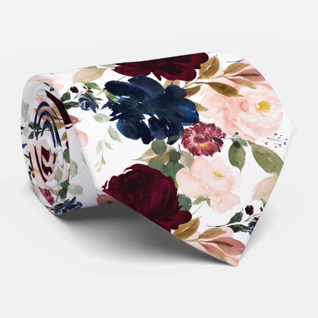 Cravate PixDezines Blush Burgundy Navy H2 Fleurs (Roulé)