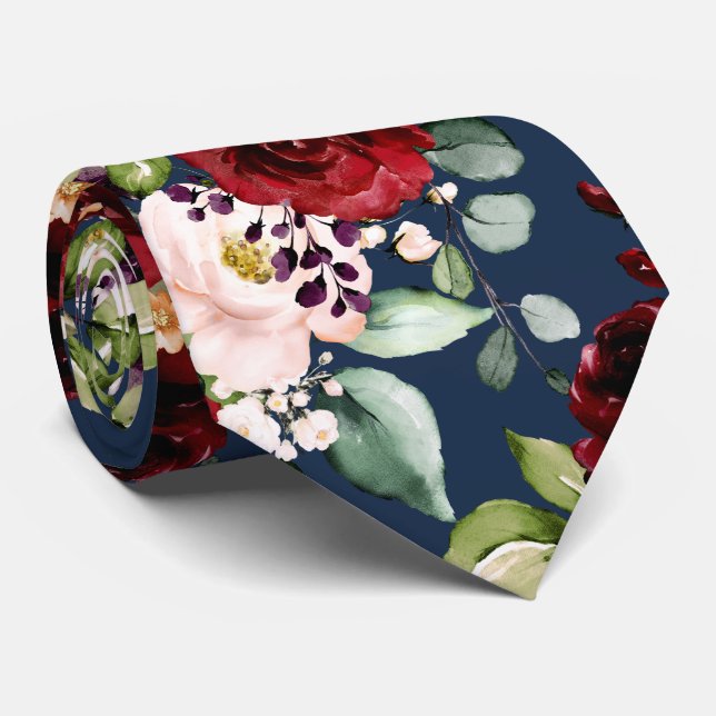 Cravate PixDezines Boho Blush Bourgogne Aquarelle Fleurs (Roulé)