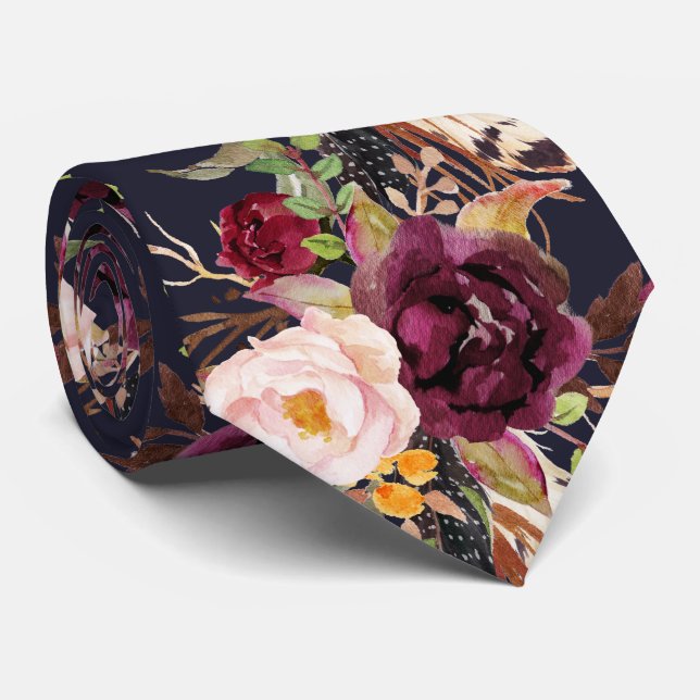 Cravate PixDezines Boho Blush Bourgogne Aquarelle Fleurs (Roulé)