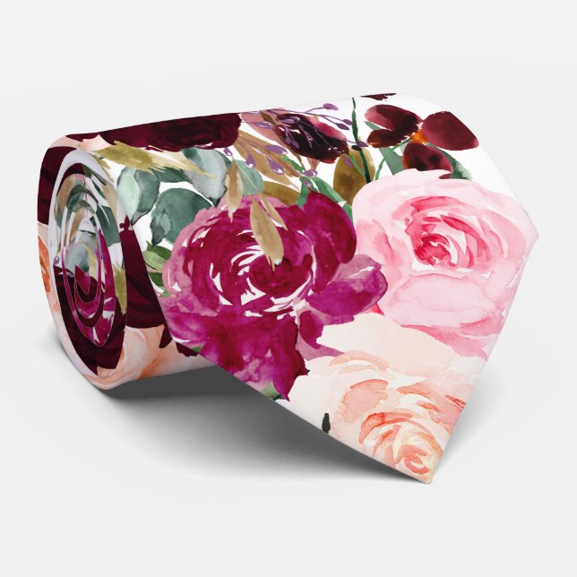 Cravate PixDezines Boho Blush Bourguignon Fleurs Aquarelle (Roulé)