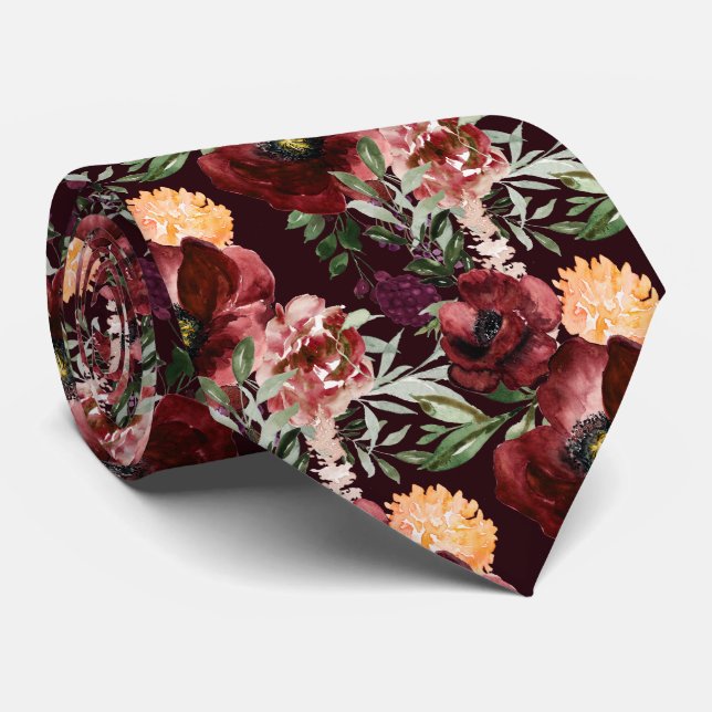 Cravate PixDezines Boho Blush Fleurs de Bourgogne Aquarell (Roulé)
