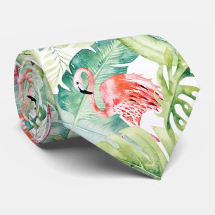Cravate PixDezines Flamant Rose + Feuillage Tropical