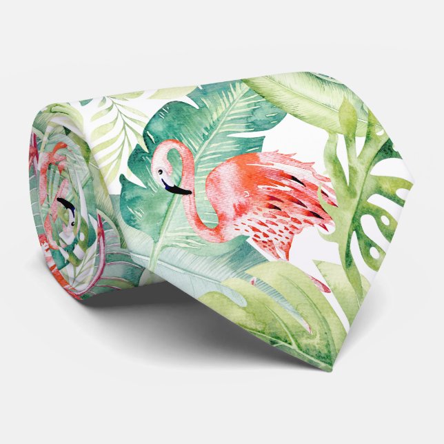 Cravate PixDezines Flamant Rose + Feuillage Tropical (Roulé)