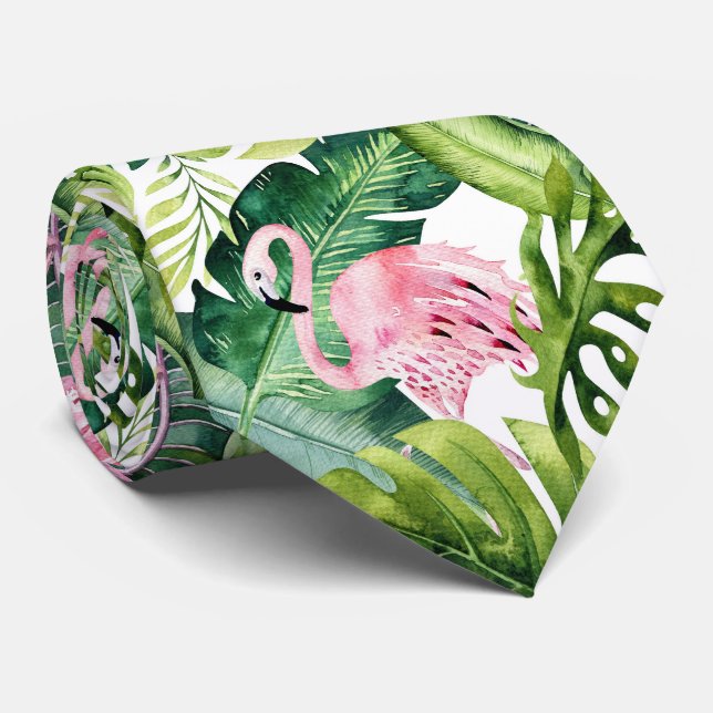 Cravate PixDezines Flamant Rose+Tropical Foliage (Roulé)