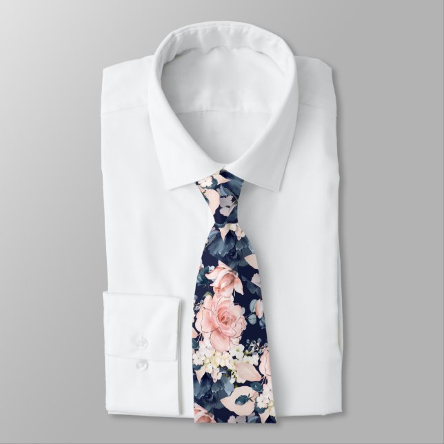 Cravate PixDezines Fleurs d'aquarelle bleu glace rose pâle (Attaché)