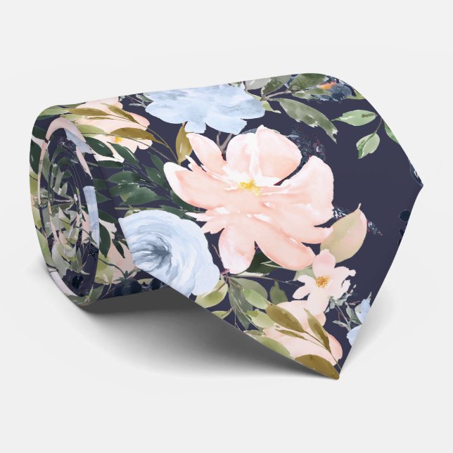 Cravate PixDezines Fleurs d'aquarelle bleu glace rose pâle (Roulé)