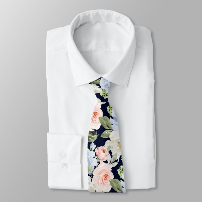 Cravate PixDezines H2 Blush Navy+Dusty Blue Roses (Attaché)