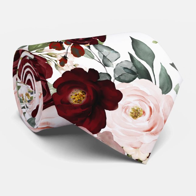 Cravate PixDezines H2 Dusty Rose Blush Bourgogne Fleurs (Roulé)