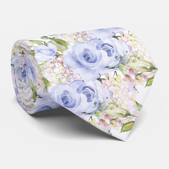 Cravate PixDezines H2 Été Bleu Hyacinthe Roses Hydrangea (Roulé)