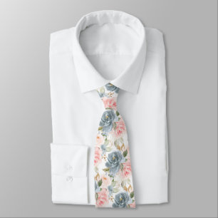 Cravate PixDezines H2 Fleurs Ardoise Bleu Blush Roses