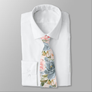 Cravate PixDezines H2 Fleurs Bleu Ardoise Roses Blush