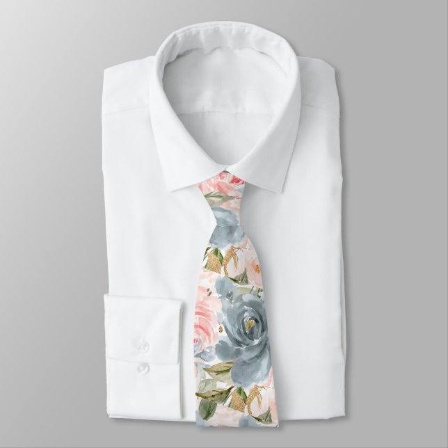 Cravate PixDezines H2 Fleurs Bleu Ardoise Roses Blush   (Attaché)