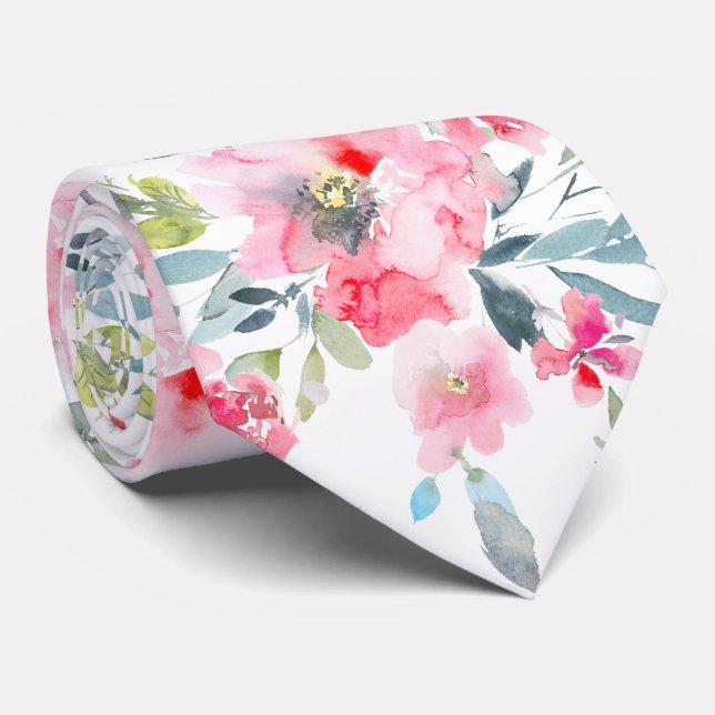 Cravate PixDezines H2 Fleurs de printemps rose rouge bleu  (Roulé)