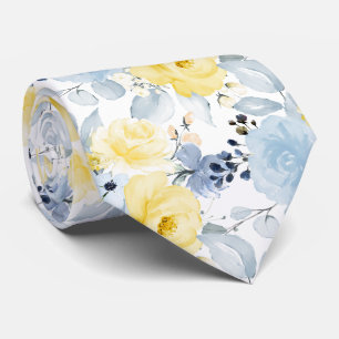 Cravate PixDezines H2 Fleurs Jaune et Bleu Poussiéreux