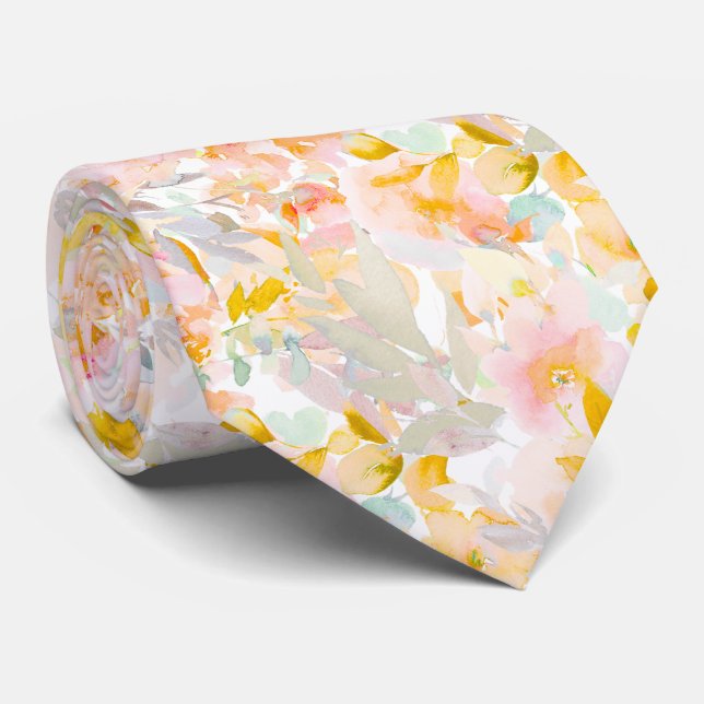 Cravate PixDezines H2 Fleurs printanières Blush Moutarde (Roulé)