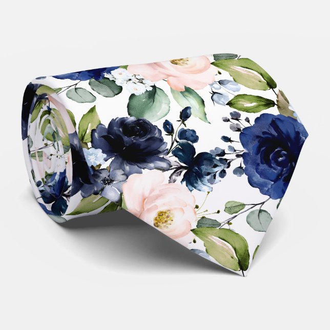 Cravate PixDezines H2 Fleurs Rose Navy Bleu (Roulé)