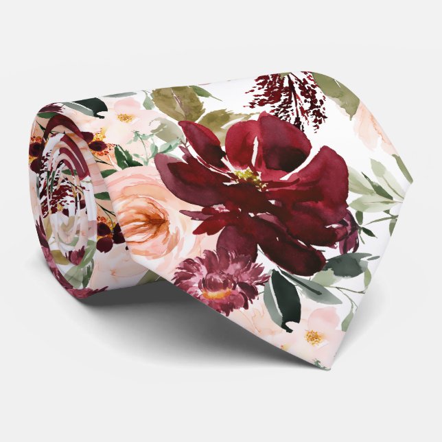 Cravate PixDezines H2 Fleurs Rose Pâle Bourgogne  (Roulé)