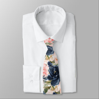 Cravate PixDezines H2 Fleurs Roses Bleu Nuit et Blush