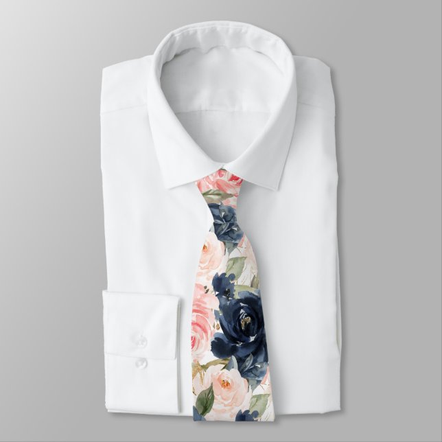 Cravate PixDezines H2 Fleurs Roses Bleu Nuit et Blush   (Attaché)