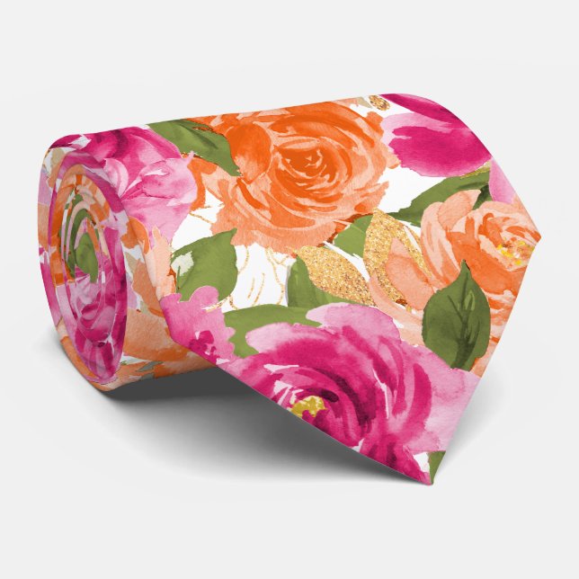 Cravate PixDezines H2 Fleurs Roses Rose Chaud Orange (Roulé)