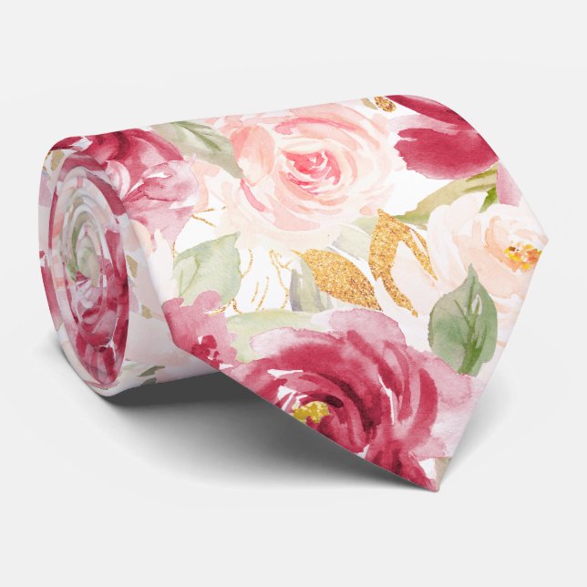 Cravate PixDezines H2 Fleurs Roses Rouges Saumonées (Roulé)