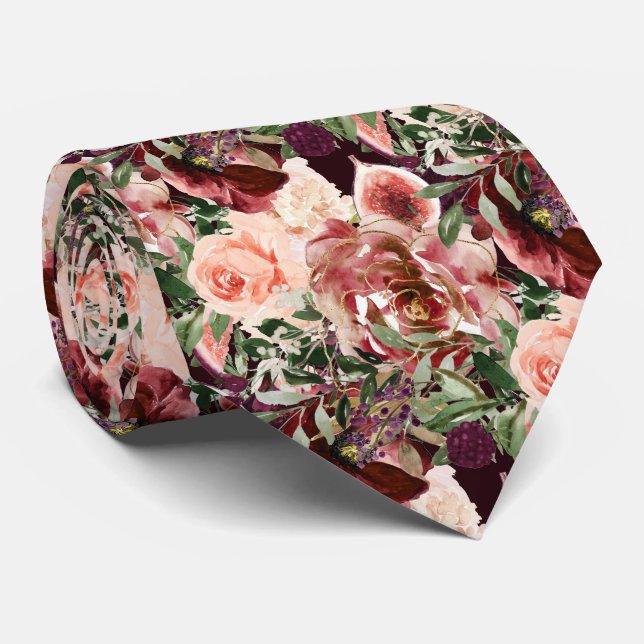 Cravate PixDezines H2 Marsala Boho Blush Fleurs de Bourgog (Roulé)