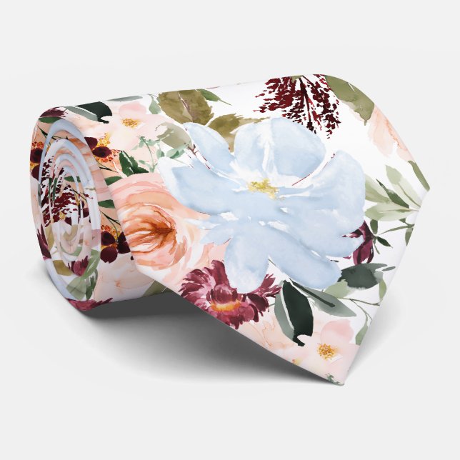 Cravate PixDezines H2 Rose Pâle Bleu Poussiéreux Fleurs  (Roulé)