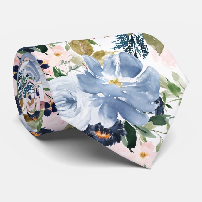 Cravate PixDezines H2 Rose Pâle Bleu Poussiéreux Fleurs  (Roulé)