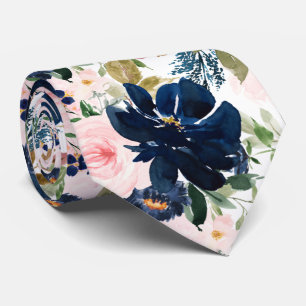Cravate PixDezines H2 Rose Pâle Fleurs Bleu Marine