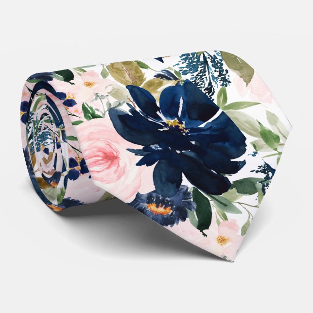 Cravate PixDezines H2 Rose Pâle Fleurs Bleu Marine  (Roulé)