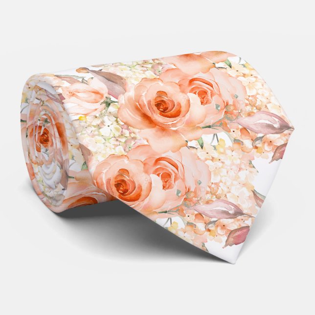 Cravate PixDezines H2 Roses Hydrangea Orange Abricot Été (Roulé)