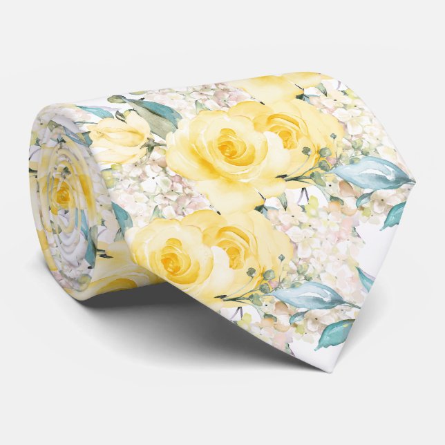 Cravate PixDezines H2 Roses jaunes d'été Crm Hydrangea (Roulé)