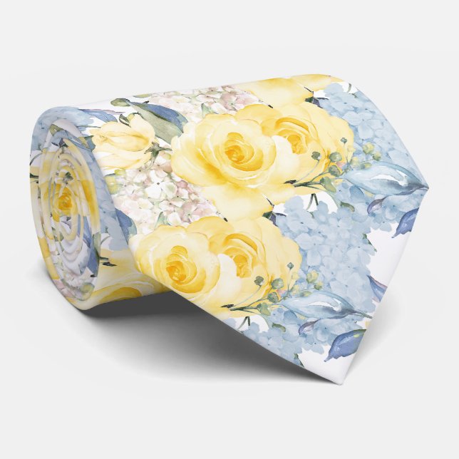 Cravate PixDezines H2 Roses jaunes d'été Hydrangea bleue (Roulé)