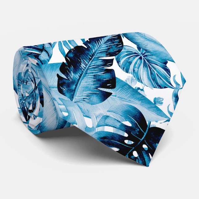 Cravate PixDezines Indigo Bleu Feuillage Tropical (Roulé)