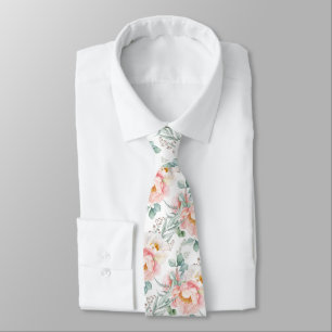 Cravate PixDezines Pivoines Eucalyptus Aquarelle Rose