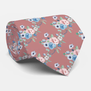 Cravate PixDezines Rose Pivoines Bleu Poussiéreux Aquarell
