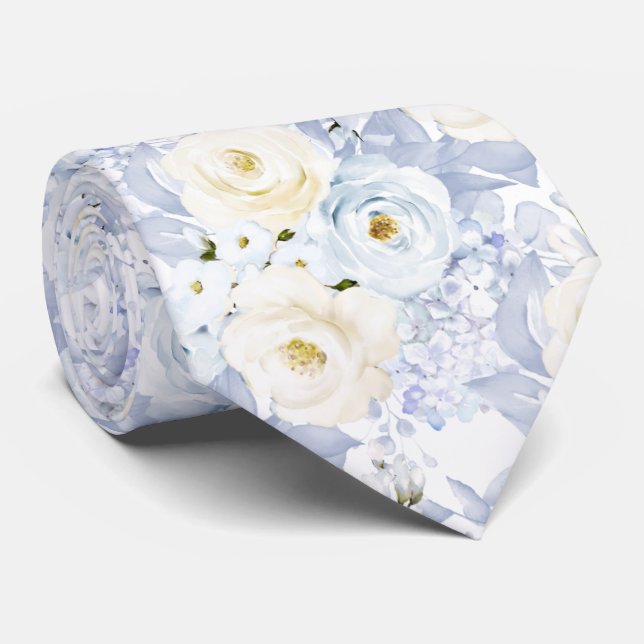 Cravate PixDezines Roses aquarelles bleu glace crème (Roulé)