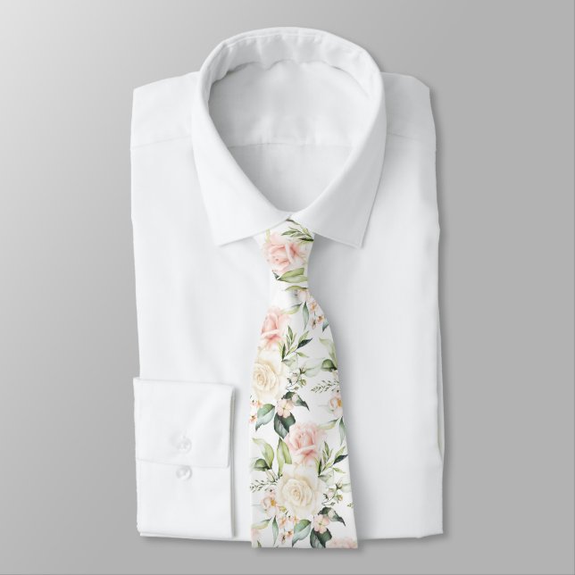 Cravate PixDezines Roses aquarelles blush crème  (Attaché)