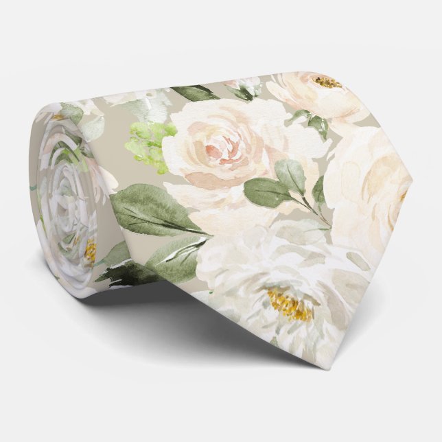 Cravate PixDezines Roses Crème Alabastre Aquarelle (Roulé)