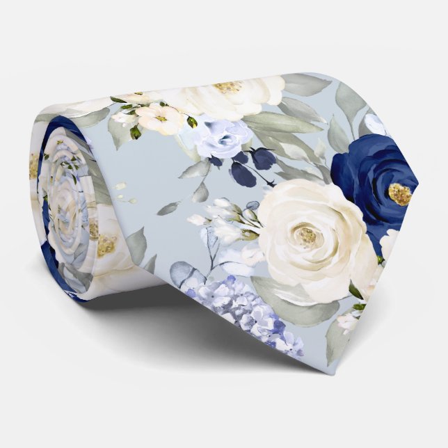 Cravate PixDezines Watercolor Roses Navy Blue Cream (Roulé)