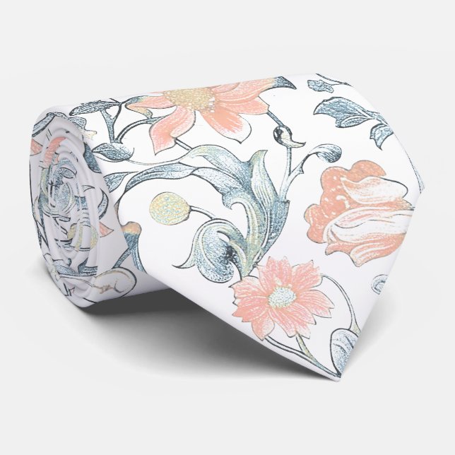 Cravate PixDezines William Morris Bleu Poussiéreux et Rose (Roulé)