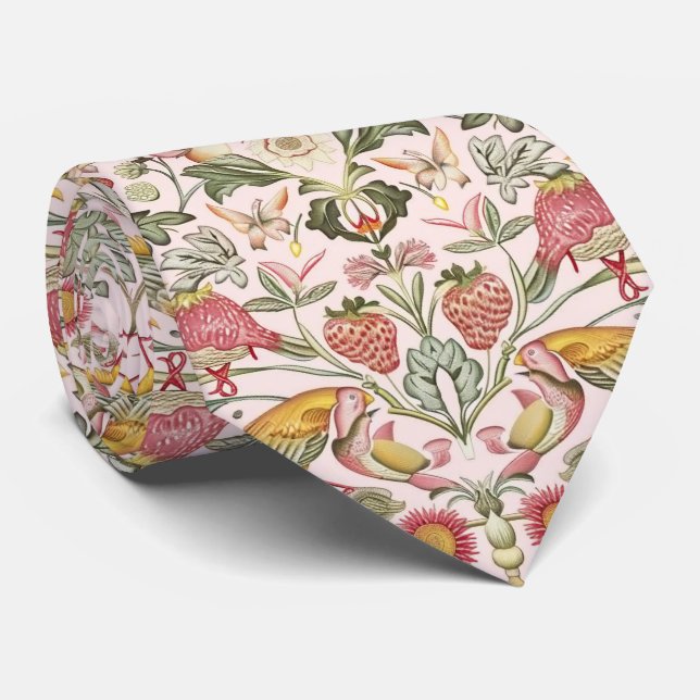 Cravate PixDezines William Morris Strawberry Thief Rose (Roulé)