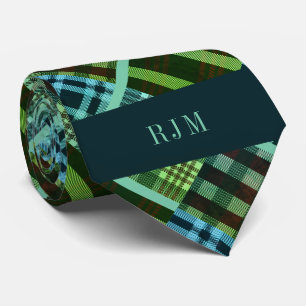 Cravate Plaid diagonal vert et bleu monogramme