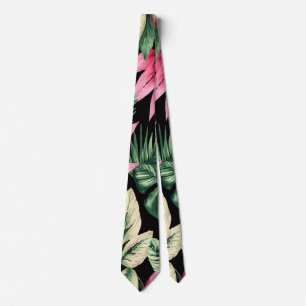 Cravate Plantes tropicales roses et vertes sur fond noir