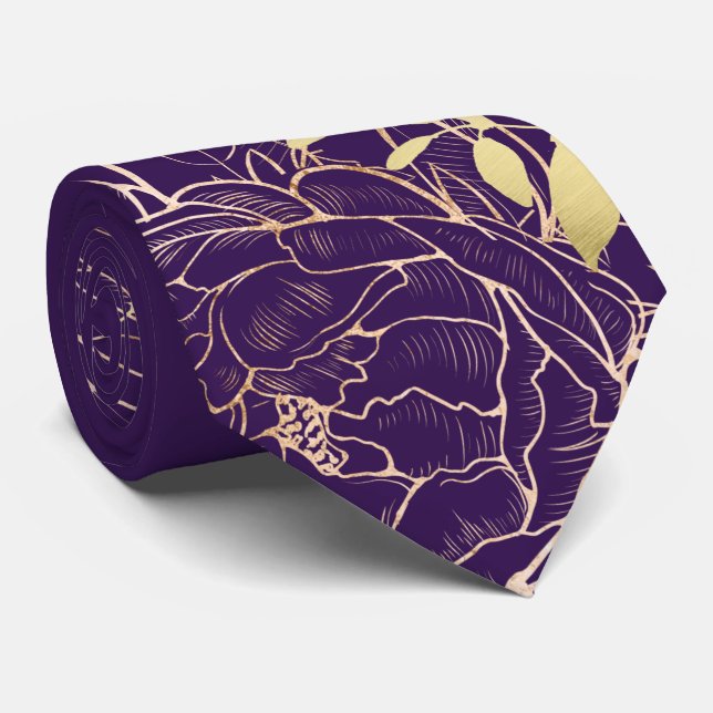 Cravate Plum Purple Faux Gold Peony Moderne Floral Mariage (Roulé)