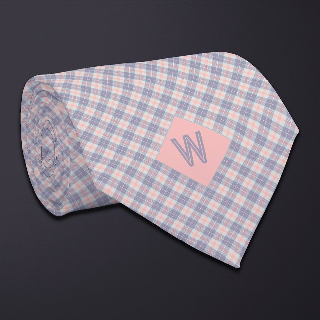Cravate Poche et gris Blush Plaid Monogramme (Créateur téléchargé)