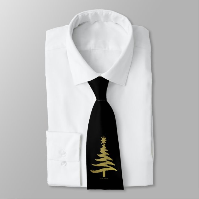 Cravate Pochoir Sapin de Noël Or sur Noir (Attaché)