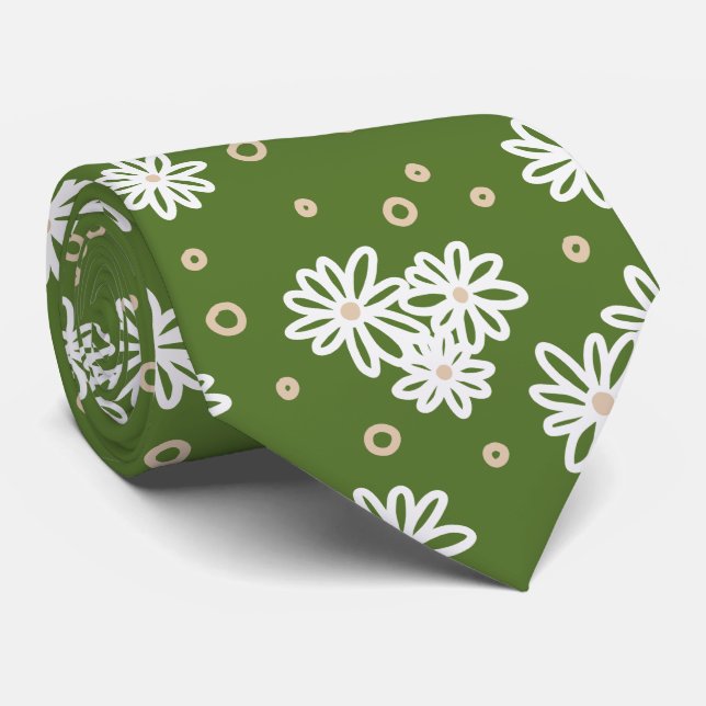 Cravate Pois et marguerites - Blanc, Sable et Palm Green (Roulé)