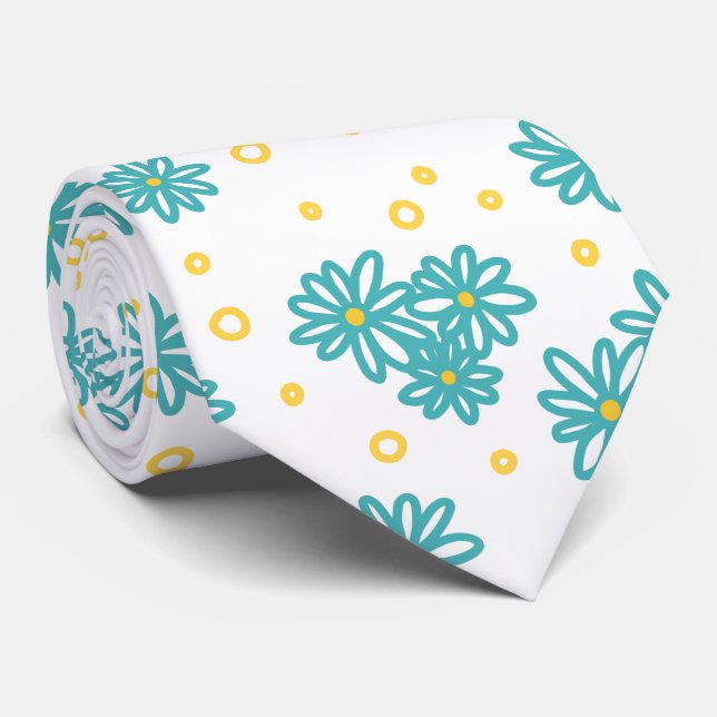Cravate Pois et marguerites - Turquoise et Jaune (Roulé)