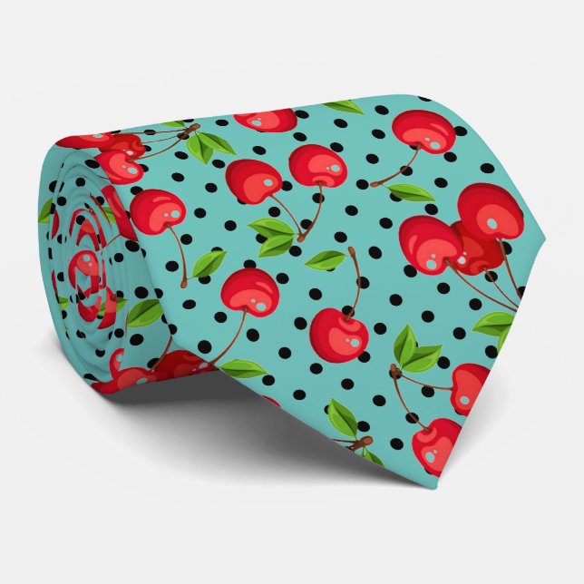 Cravate Pois Rockabilly Cherries sur Blue (Roulé)